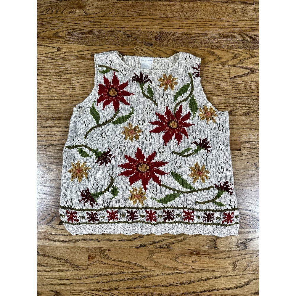 Vintage Pierre Cardin Floral Knit Sweater Vest Cottagecore Sleeveless Size Large